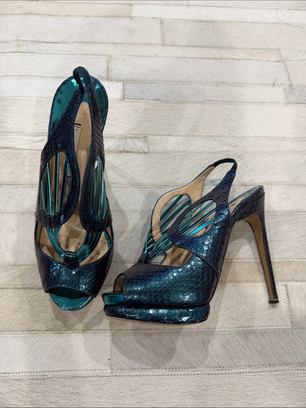 Nicholas Kirkwood Women's Teal phyton Metallic Slingback Peep-Toe Heels